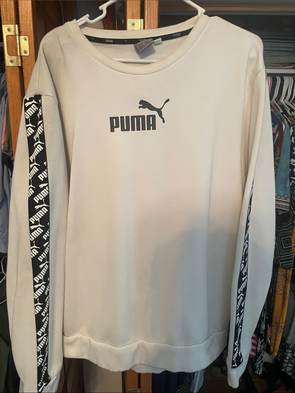 Puma White Crewneck Sweatshirt with Black Logo and Sleeve Stripes